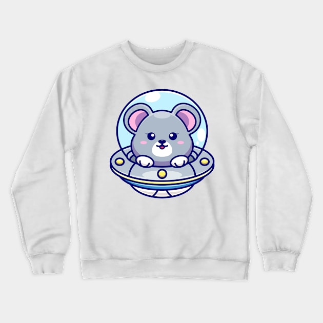 Cute mouse flying with spaceship ufo cartoon Crewneck Sweatshirt by Wawadzgnstuff